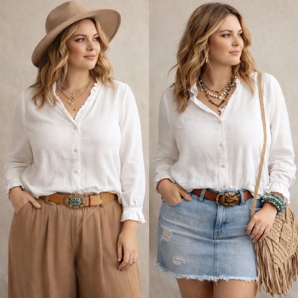 White Ruffled Button-Down Shirt for Women 05-0163